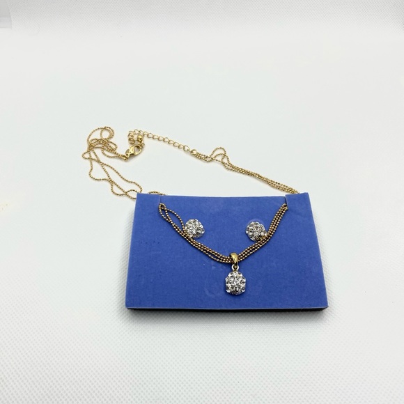 Avon Pave Crystals Teardrop Necklace and Earrings Triple Bead Ball Chain - Picture 3 of 8